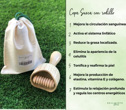 Copa sueca con Rodillo de Maderoterapia Colombiana: Masajeador anticelulitico corporal para moldear el cuerpo, eliminar la celulitis y minimizar la grasa localizada. Tamaño 19.5cm y 9.5cm de diametro.