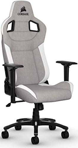 Corsair T3 Rush - Silla Tejido Poliéster de Videojuegos (Exterior de Tela Suave Transpirable, Almohada Cervical Ajustable, Soporte Lumbar, Reposabrazos 4D, Montaj Sencillo) Gris y Blanco