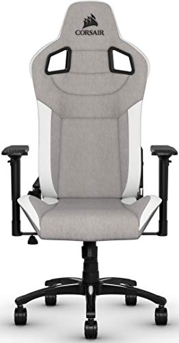 Corsair T3 Rush - Silla Tejido Poliéster de Videojuegos (Exterior de Tela Suave Transpirable, Almohada Cervical Ajustable, Soporte Lumbar, Reposabrazos 4D, Montaj Sencillo) Gris y Blanco