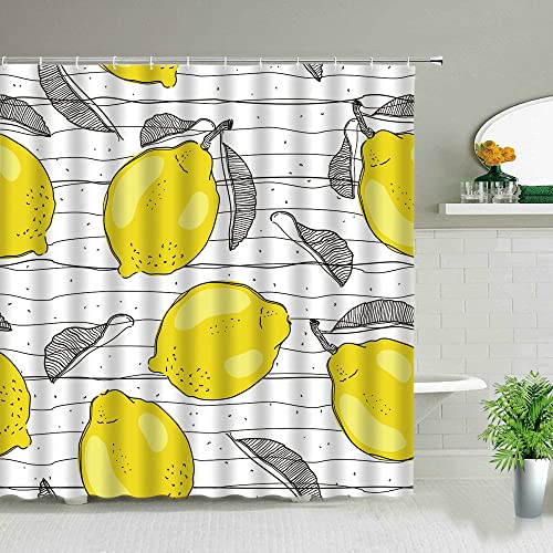 Cortina de Ducha con patrón de Naranja Amarillo Fruta exótica Flor de limón Hoja Verde mampara de baño Cortina Impermeable S.15 200x200cm