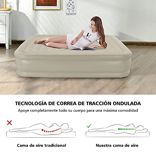 COSTWAY Colchón de Aire de Matrimonio con Bomba Incorporada, Colchón Inflable Elevado con Superficie en Borra Impermeable, Tecnología con Tira Ondulada y Bolsa de Transporte