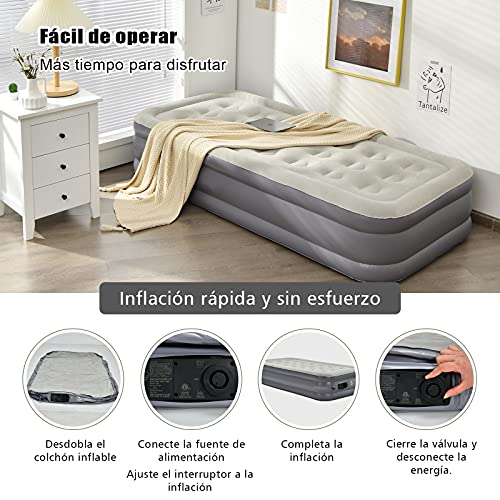 COSTWAY Colchón Individual de Aire, Cama de Aire Portátil con Bomba Incorporada, Superficie en Borra Impermeable, Inflado rápido, Estructura Coil Beam, Cama Inflable Elevada