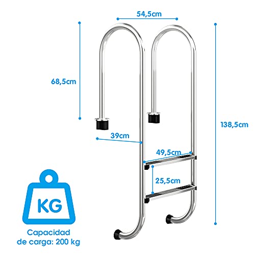 COSTWAY Escalera para Piscina con 2 Peldaños Escalera Antideslizante de Acero Inoxidable Capacidad Carga hasta 200kg,54,5 x 39 x 138,5 centímetros