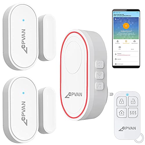 CPVAN Kit Alarma Puerta Casa, Interior Sistema Alarma con Sirena, 2 Sensores de Puerta y Ventana, 1 Mando a Distancia, Control App (WiFi Sólo 2,4 GHz), Ampliable, para Casa,Niños,Ancianos,Piso,Garaje