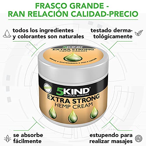 Crema Extrafuerte de Cáñamo Para El Alivio Del Dolor, La Tensión Y El Estrés En Las Articulaciones Y Músculos. Fórmula A Base De Aceite De Cáñamo Rica En Extractos Naturales Elaborada Por 5Kind.