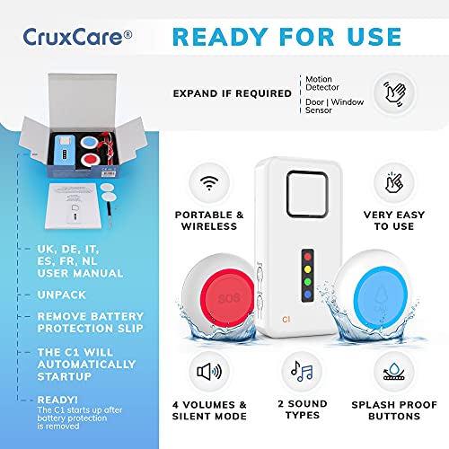 CruxCare C1 Localizador Inalámbrico - Botón de Llamada para Personas Mayores - Alarma Inalámbrica para el Hogar - Botón de Llamada de Emergencia