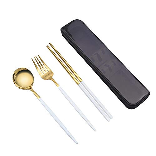 Cuberteria,Cuchara de acero inoxidable, palillos, tenedor, tres piezas, palillos de campo al aire libre, cuchara, juego de vajilla portátil, regalo-Juego de cuchara, tenedor y palillos de platino de