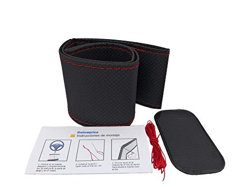 Cubierta Funda Cubre Volante para Coche Universal Cosida de Tela y Cuero Negro e Hilo Rojo Microfibra 37-38cm diámetro con Aguja e Hilo Doble. Instrucciones de Montaje. (Hilo Rojo)