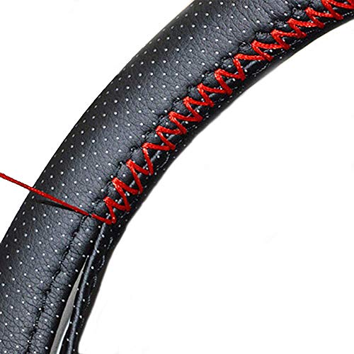 Cubierta Funda Cubre Volante para Coche Universal Cosida de Tela y Cuero Negro e Hilo Rojo Microfibra 37-38cm diámetro con Aguja e Hilo Doble. Instrucciones de Montaje. (Hilo Rojo)