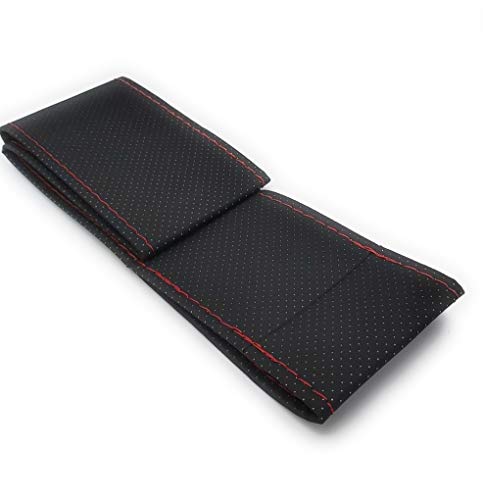 Cubierta Funda Cubre Volante para Coche Universal Cosida de Tela y Cuero Negro e Hilo Rojo Microfibra 37-38cm diámetro con Aguja e Hilo Doble. Instrucciones de Montaje. (Hilo Rojo)