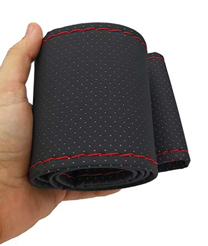 Cubierta Funda Cubre Volante para Coche Universal Cosida de Tela y Cuero Negro e Hilo Rojo Microfibra 37-38cm diámetro con Aguja e Hilo Doble. Instrucciones de Montaje. (Hilo Rojo)