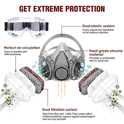 Cubierta para la cara del polvo, para pintura, polvo, partículas, pulido a máquina, soldadura y otra protección del trabajo, con gafas de seguridad y 8 paquetes de filtro de algodón