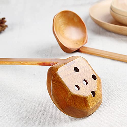 Cuchara de Madera Retro Cuchara Madera Mango Largo Cuchara de Tortuga Cuchara Bambú Dos Tipos de Cuchara de Sopa Cuchara Ranurada para Sopa de Ramen Olla Caliente Restaurante Cocina DoméStica 2 Piezas