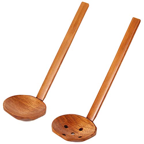 Cuchara de Madera Retro Cuchara Madera Mango Largo Cuchara de Tortuga Cuchara Bambú Dos Tipos de Cuchara de Sopa Cuchara Ranurada para Sopa de Ramen Olla Caliente Restaurante Cocina DoméStica 2 Piezas