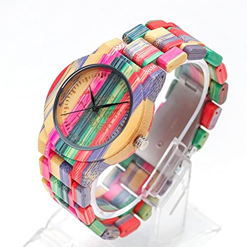 Dapuly Reloj de cuarzo de madera de bambú, hecho a mano, analógico, colorido, sencillo reloj de pulsera, par de brazaletes, arco iris, masculino, moderno, reloj de pulsera con ajuste para amor, rojo,