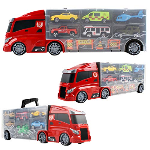 deAO Camión Transportador Maletín Portacoches Conjunto Playset Incluye Surtido Total de 12 Vehiculos y Accesorios