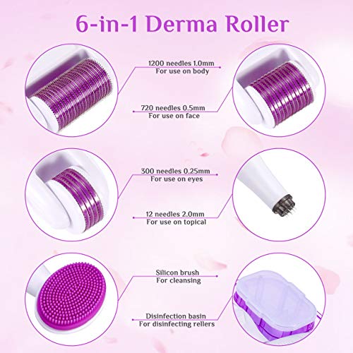 Dermaroller, Winpok 6 en 1 Derma Roller, Derma roller, Ideal para tratar cara, Anti-Edad, Antiarrugas, rodillo facial, por Ojos, Cara, Cuerpo (morado)