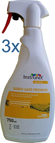 Detergente y desinfectante de superficies de alto nivel, Surfa Safe Premium 750ml. Pack 3u. Listo para uso directo, sin agua, spray en formato espuma, sin alcohol.