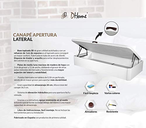 DHOME Canape Abatible Tapizado 3D Blanco con Apertura Normal o Lateral Esquinas MACIZAS de Haya y 29cm de capapacidad canapé Madera (90x190 30mm Ap. Lateral)