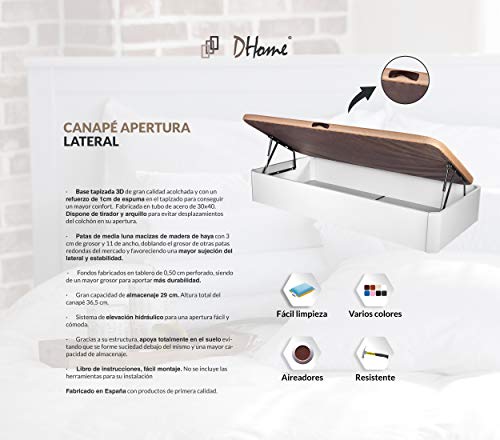 DHOME Canape Abatible Tapizado 3D con Apertura Lateral 4 válvulas Esquinas canapé Madera (90x190 Blanco, 30mm)