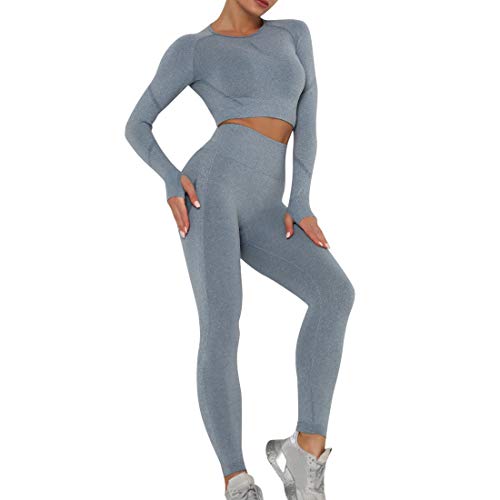 Dihope Conjunto Deportivo para Mujer 2 Piezas Top Corto de Manga Larga de Running Pantalones de Cintura Alta Elásticos Leggings de Fitness sin Costuras para Yoga Gimnasio Trotar，Azul，S