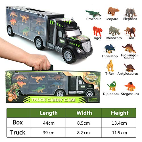 Dinosaurio del Juguete Camión de Transporte Transportador Coches con 12 Figuras de Juego de Dinosaurios de Dinosaurio Plásticos Educativo Juguete para Niños (Tamaño del camión: 39 cm * 8,5 cm * 12 cm)