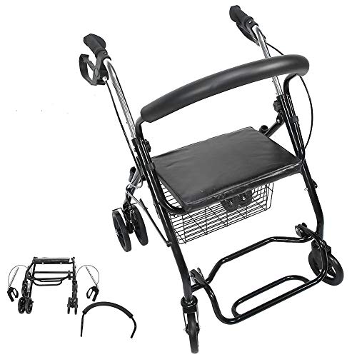 Dioche Andador con 4 ruedas plegable, Rollator con asiento de acero, para personas mayores o discapacitados, andador para personas mayores con cesta y 4 ruedas