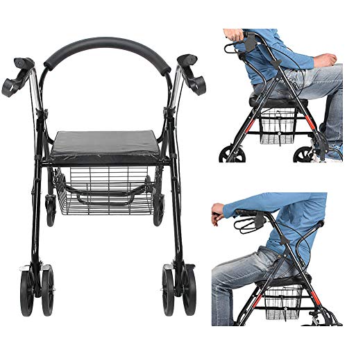 Dioche Andador con 4 ruedas plegable, Rollator con asiento de acero, para personas mayores o discapacitados, andador para personas mayores con cesta y 4 ruedas