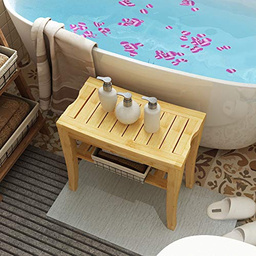 DlandHome Taburete Baño de bambú de Bain con Estante, Siège de Douche/Baignoire Antidérapant pour Salle de Bain,Color Primario