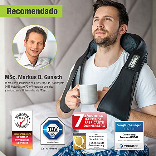 Donnerberg Masajeador de cuello y hombros inalambrico Shiatsu con batería recargable Samsung - Masajeador Cervical con vibración y calor infrarrojo - GARANTÍA DE 7 AÑOS - Calidad Alemana