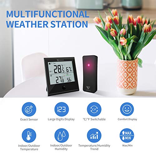 DOQAUS Termómetro Higrómetro Digital para Interior y Exterior, Medidor de Temperatura y Humedad con Sensor Inalámbrico Remoto para Habitación o al Aire Libre(Negro)