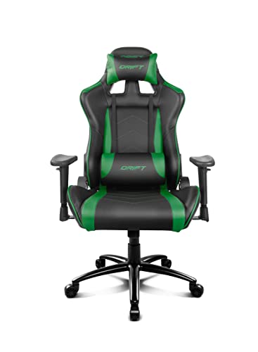 Drift DR150BG - Silla Gaming Profesional, polipiel, reposabrazos ajustable, piston clase 4, asiento basculable, altura regulable, respaldo reclinable, cojines lumbar y cervical, color negro/verde