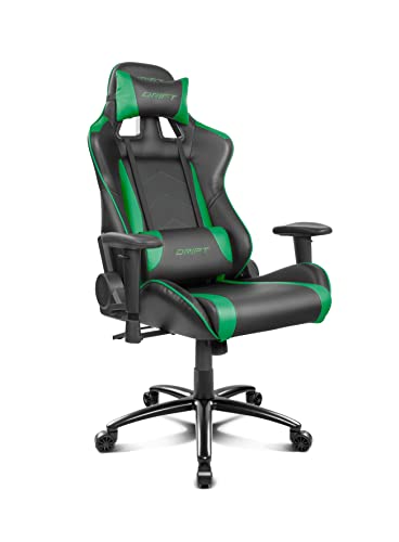 Drift DR150BG - Silla Gaming Profesional, polipiel, reposabrazos ajustable, piston clase 4, asiento basculable, altura regulable, respaldo reclinable, cojines lumbar y cervical, color negro/verde