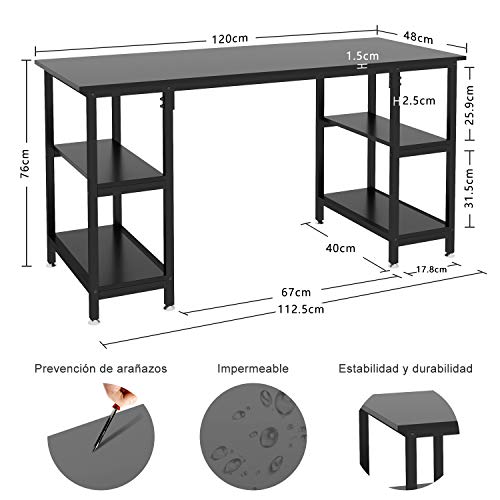 Dripex Mesa Escritorio Ordenador, Mesa despacho Oficina, Estudio, Escritorio con Estanteria, Mesa Ordenador Juego PC，120 x 48 x 76 CM (Negro)