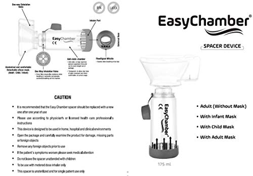 EasyChamber Dispositivo espaciador antiestático con máscara para adultos, cámara de inhalador, uso con inhalador de dosis medida, sin BPA ni látex