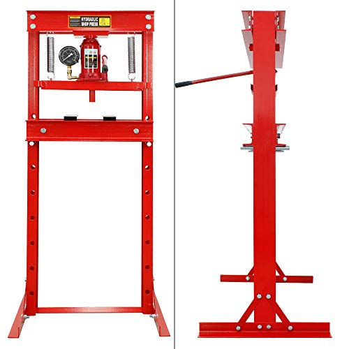 ECD Germany Prensa de taller - 20T - con Manómetro - Altura Ajustable 80-1100 mm - 7 niveles - Hecho de Acero - Herramienta Hidráulica para Prensar Rodamientos Doblar Enderezar Mandril Cojientes