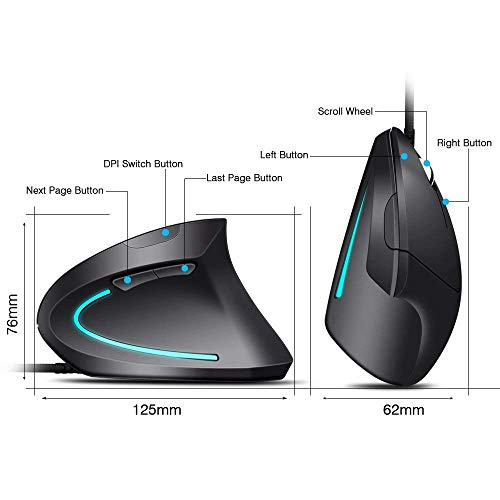 ECHTPower Ratón Inalámbrico Portátil, Ratón Vertical, Diseño Ergonómico, 2.4 G Óptico, 3 Niveles Ajustables dpi, 6 Botones- Protege el Brazo (V001)