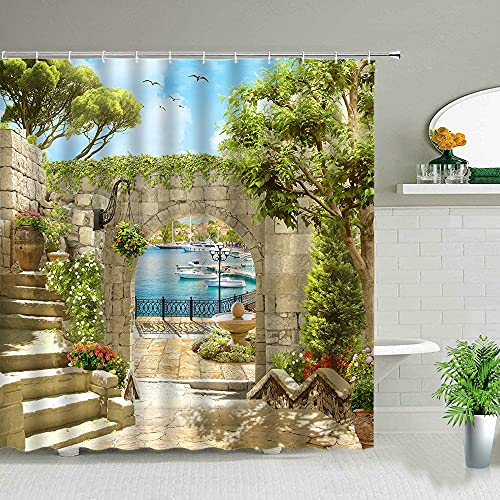 Edificio Retro Puerta Vieja Cortinas de Ducha Planta Primavera Paisaje Natural Cortina de baño Bañera Decoración para el hogar Pantalla S.16 180x200cm