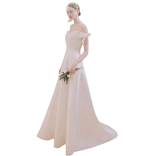 Elegante Vestido de Novia de Satén con Hombros Descubiertos Y Espalda Descubierta, Vestido de Novia con Manga de Lazo, Bonito Vestido, L-F, blanco, l