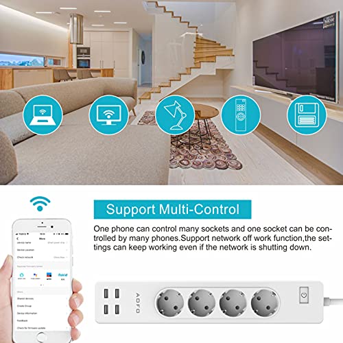 Enchufe Múltiple Inteligente,AOFO Regleta Enchufes Wifi 4 Tomas 4 USB con APP para Android e iOS con Protección de Sobretensiones con Función de Temporizador Alexa Google Home IFTTT