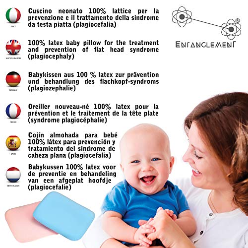 Entanglement® Almohada Bebe plagiocefalia - Latex 100% Natural - para prevenir o Curar la Cabeza Plana - Cojin Infantil para Cuna o Cochecito con Funda de Algodon - antiasfixia (Rosa)