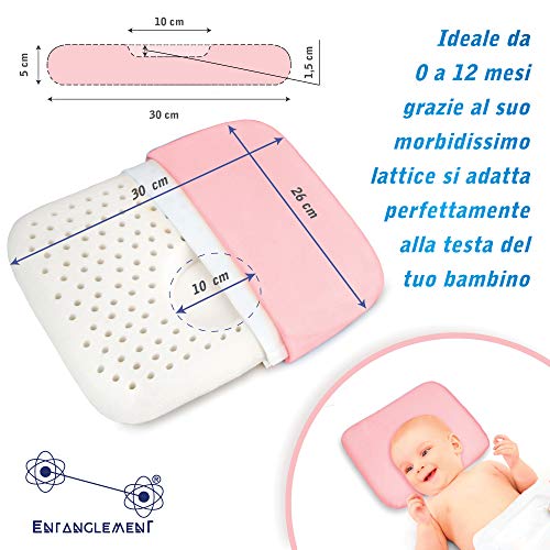 Entanglement® Almohada Bebe plagiocefalia - Latex 100% Natural - para prevenir o Curar la Cabeza Plana - Cojin Infantil para Cuna o Cochecito con Funda de Algodon - antiasfixia (Rosa)