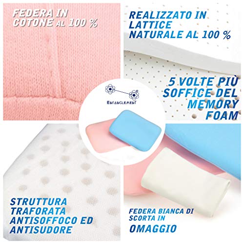 Entanglement® Almohada Bebe plagiocefalia - Latex 100% Natural - para prevenir o Curar la Cabeza Plana - Cojin Infantil para Cuna o Cochecito con Funda de Algodon - antiasfixia (Rosa)