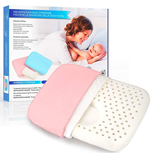 Entanglement® Almohada Bebe plagiocefalia - Latex 100% Natural - para prevenir o Curar la Cabeza Plana - Cojin Infantil para Cuna o Cochecito con Funda de Algodon - antiasfixia (Rosa)