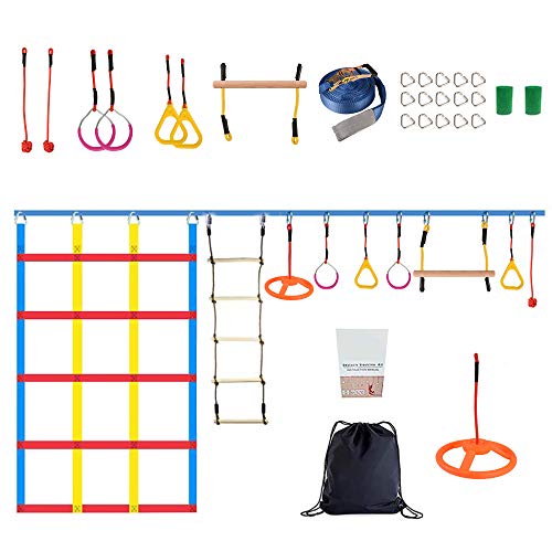 Entrenamiento de Ninja Warrior,TOPQSC 50 FT Slackline Kit - Equipo de Entrenamiento Ninja Warrior para Adultos, Anillos Ninja, Escalera de Cuerda de Escalada y Red de Carga de Escalada