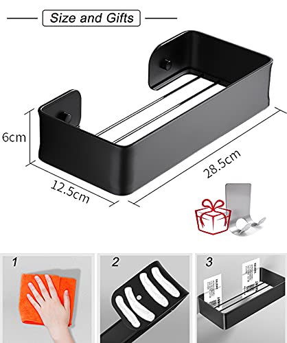 Estante Baño，Estante Ducha sin Taladro, Organizador Estantes Cesta para Ducha, Cesta Ducha ,Baldas Pared sin Agujeros,Aluminio, Acabado Mate Negro,Portarrollos Baño+Ganchos Inoxidable