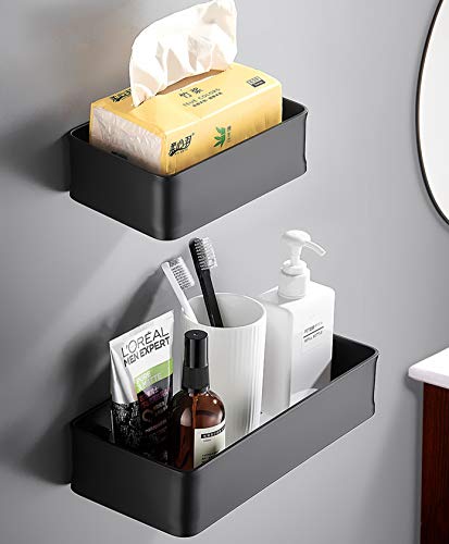 Estante Baño，Estante Ducha sin Taladro, Organizador Estantes Cesta para Ducha, Cesta Ducha ,Baldas Pared sin Agujeros,Aluminio, Acabado Mate Negro,Portarrollos Baño+Ganchos Inoxidable