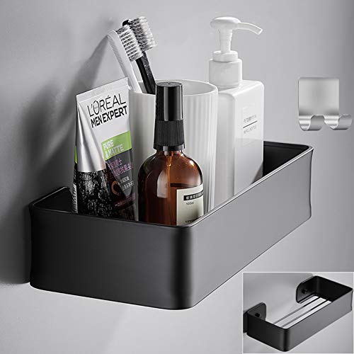 Estante Baño，Estante Ducha sin Taladro, Organizador Estantes Cesta para Ducha, Cesta Ducha ,Baldas Pared sin Agujeros,Aluminio, Acabado Mate Negro,Portarrollos Baño+Ganchos Inoxidable