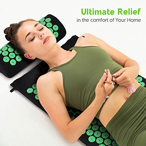 Esterilla Acupresion Kit de Masaje con Almohada - Estera de Acupresión Esterilla Masaje para Espalda, Cuello, Dolores de Cabeza, Relajación Muscular, Alivio del Dolor Ciático - Verde