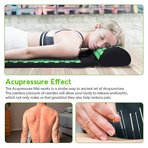 Esterilla Acupresion Kit de Masaje con Almohada - Estera de Acupresión Esterilla Masaje para Espalda, Cuello, Dolores de Cabeza, Relajación Muscular, Alivio del Dolor Ciático - Verde